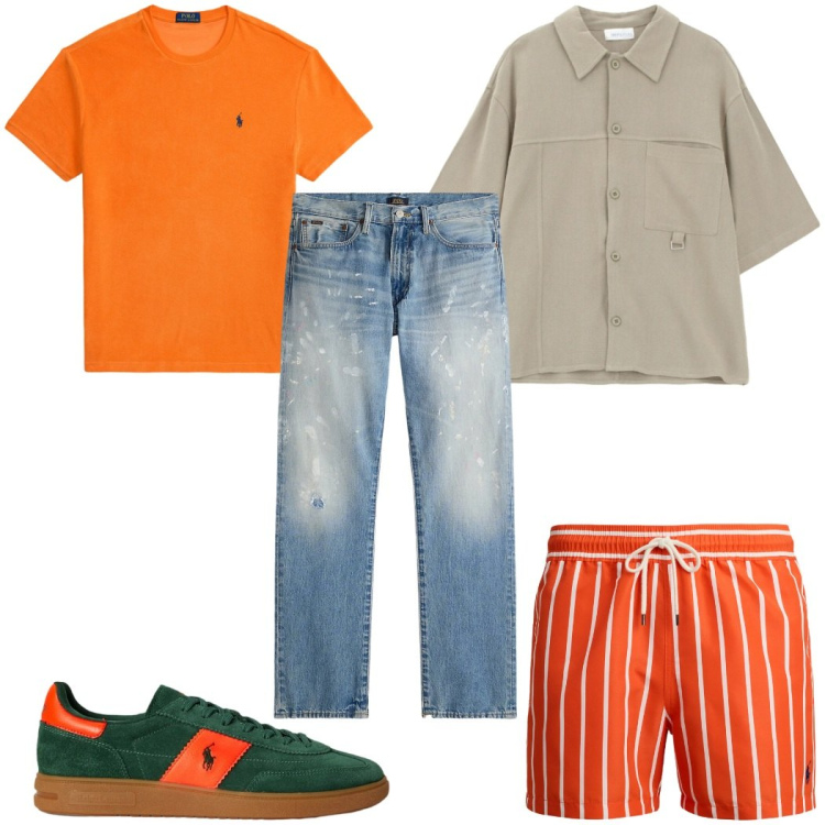 Outfit uomo - Total look #2343059. Stile Trendy per Mare. Abbinamento con camicie a manica corta, jeans dritti, sneakers, t-shirt, costumi.