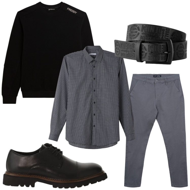 Outfit uomo - Le stringate eleganti. Stile Trendy per Ufficio. Abbinamento con cinture, scarpe stringate, pantaloni chino, camicie, felpe.