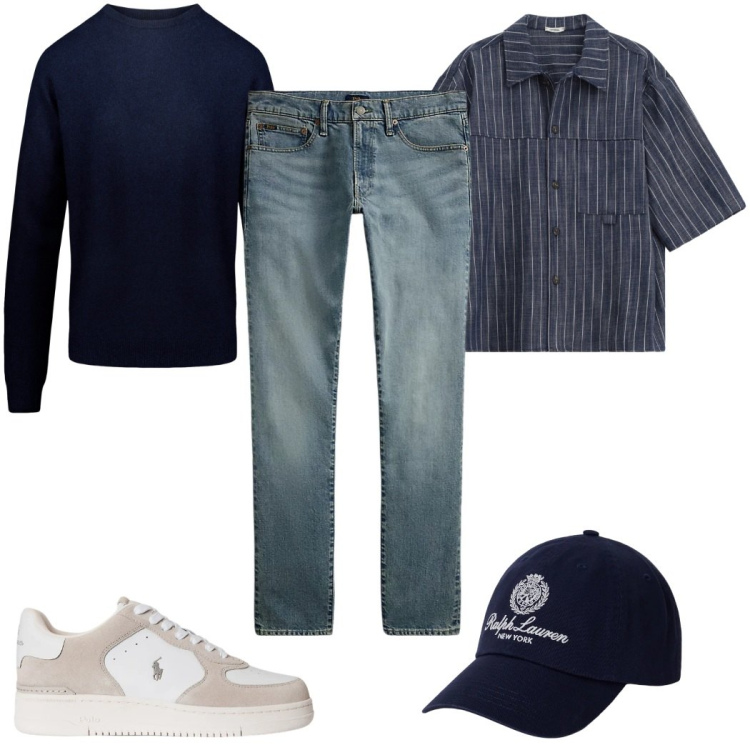 Outfit uomo - Total look #2343068. Stile Trendy per Tutti i giorni. Abbinamento con camicie a manica corta, jeans, sneakers, cappelli con visiera, maglieria.