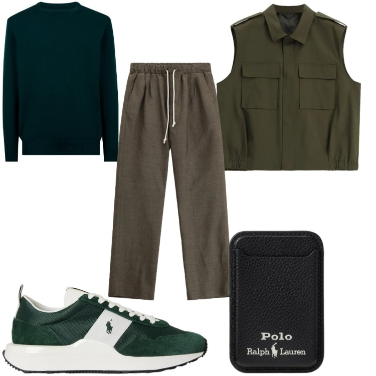 Outfit uomo - Total look #2343070. Stile Trendy per Tutti i giorni. Abbinamento con pantaloni, gilet, portafogli, sneakers, maglieria.