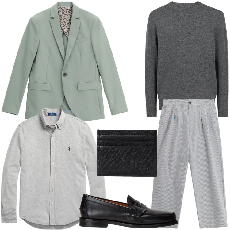 Outfit uomo - Elegante casual. Stile Casual per Ufficio. Abbinamento con giacche, pantaloni, camicie, scarpe stringate, portafogli, maglieria.