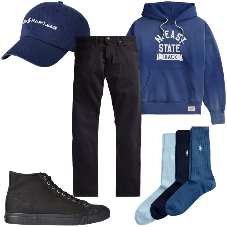 Outfit uomo - Total look #2343074. Stile Urban per Tutti i giorni. Abbinamento con sneakers, calzini, cappelli, jeans, felpe con cappuccio.
