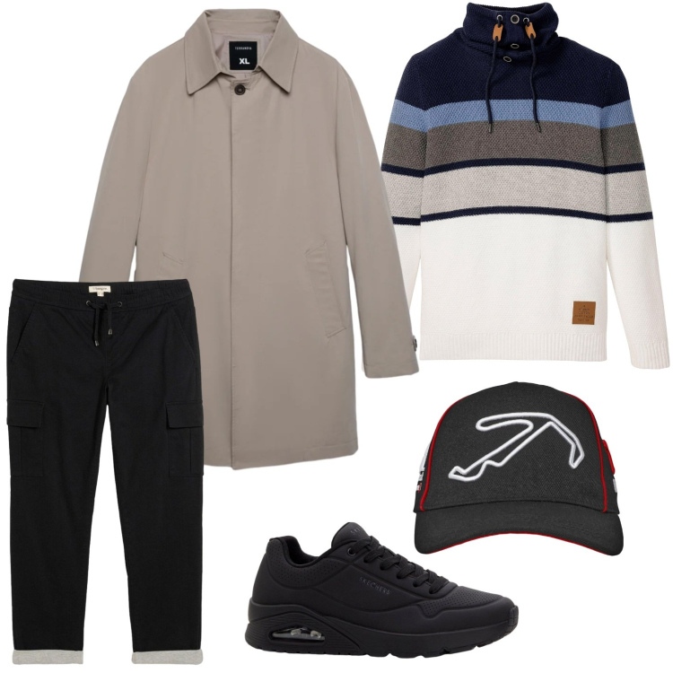 Outfit uomo - Il cappotto neutro. Stile Trendy per Tutti i giorni. Abbinamento con maglieria, sneakers, pantaloni, cappelli con visiera, trench.