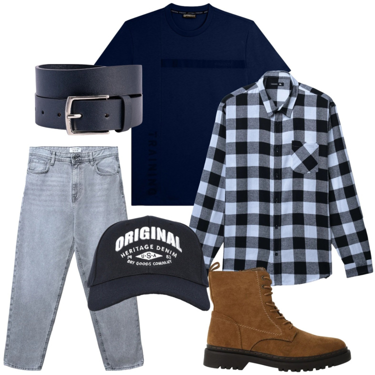 Outfit uomo - Il cappello in denim. Stile Trendy per Tutti i giorni. Abbinamento con anfibi, jeans, cappelli con visiera, camicie, t-shirt, cinture.