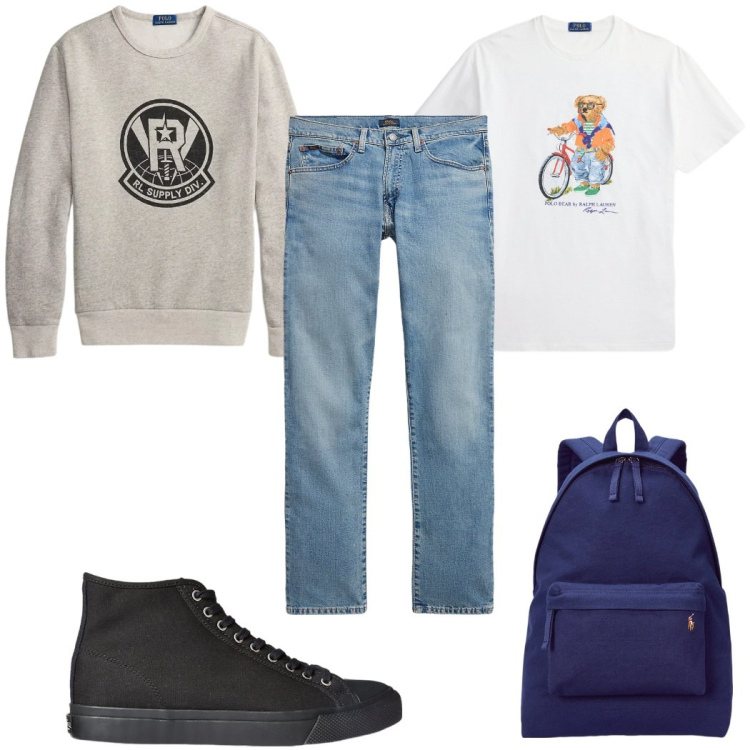 Outfit uomo - Total look #2343078. Stile Urban per Tutti i giorni. Abbinamento con sneakers, borse sportive, jeans, felpe, t-shirt.