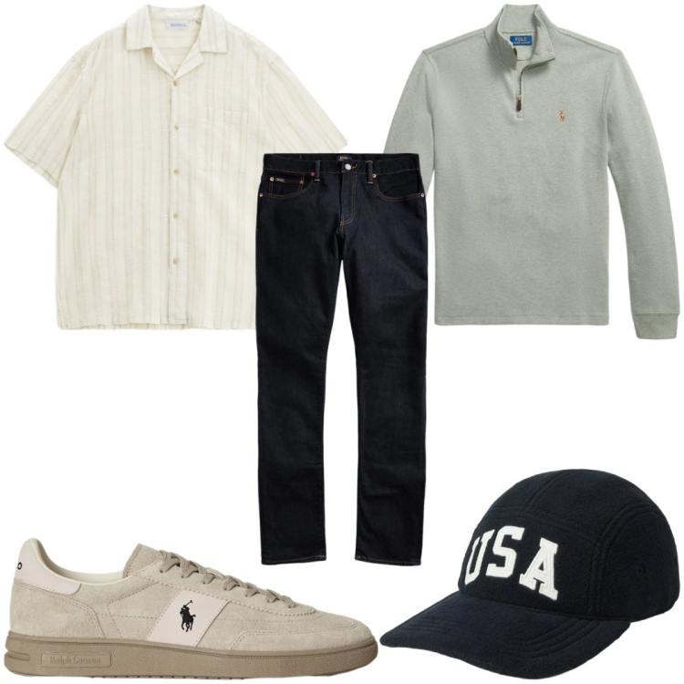 Outfit uomo - Total look #2343079. Stile Trendy per Tutti i giorni. Abbinamento con camicie a manica corta, jeans, pullovers, cappelli con visiera, sneakers.