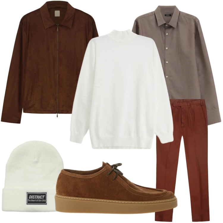 Outfit uomo - Strati invernali. Stile Trendy per Tutti i giorni. Abbinamento con berretti, camicie, maglieria, scarpe stringate, pantaloni, giacche.