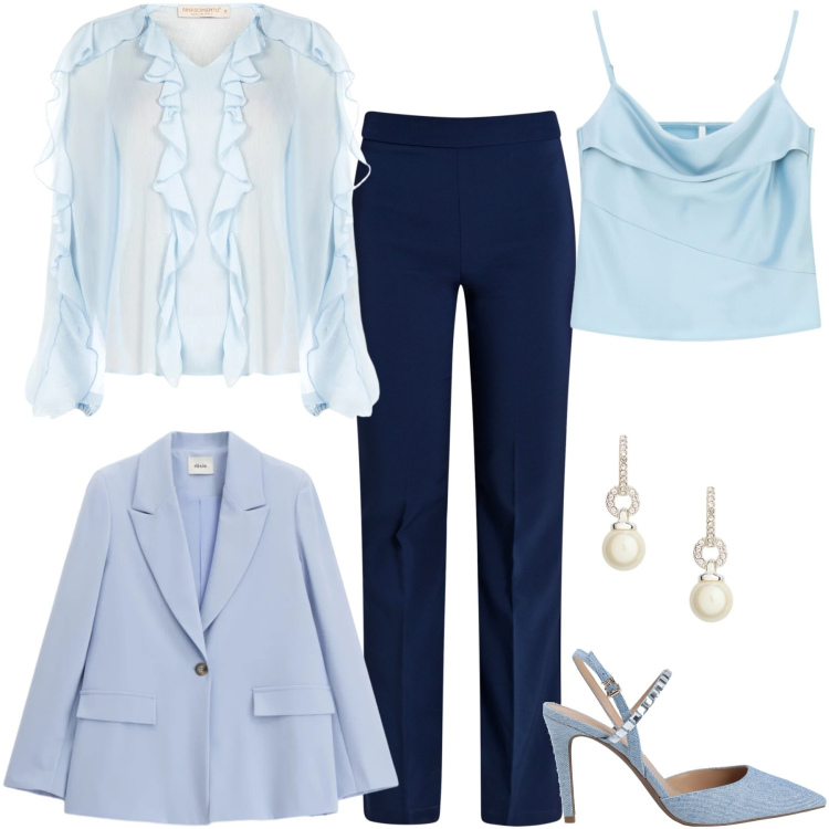 Outfit donna - Ruches azzurro cielo. Stile Romantica per Cerimonia. Abbinamento con décolleté, canottiere, blazer, bluse, pantaloni, orecchini.