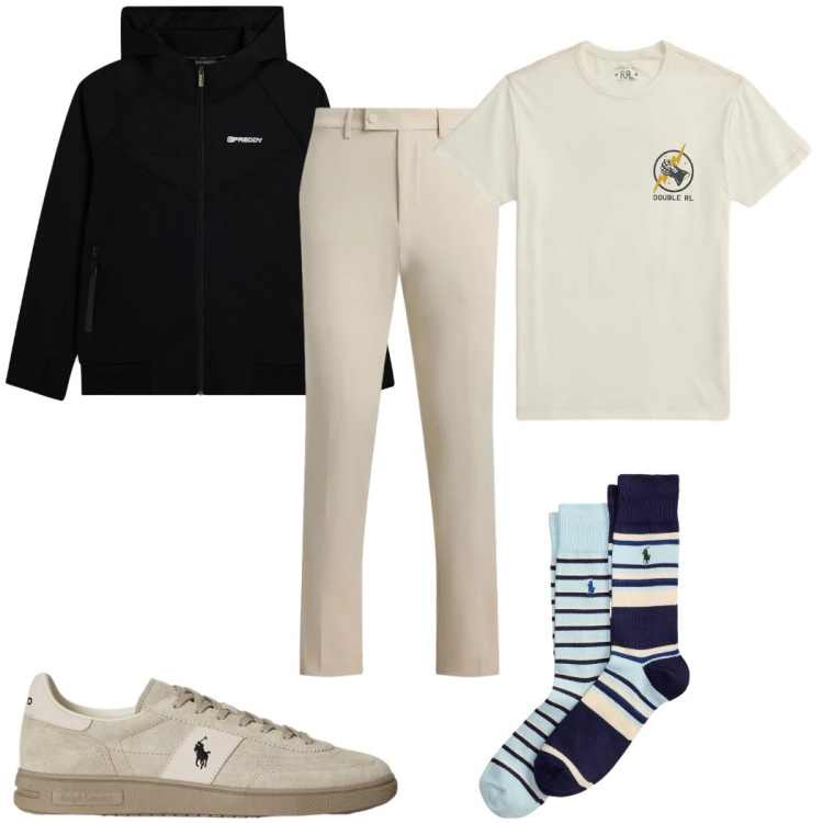 Outfit uomo - Total look #2343086. Stile Trendy per Tutti i giorni. Abbinamento con felpe con cappuccio, pantaloni, t-shirt, calzini, sneakers.