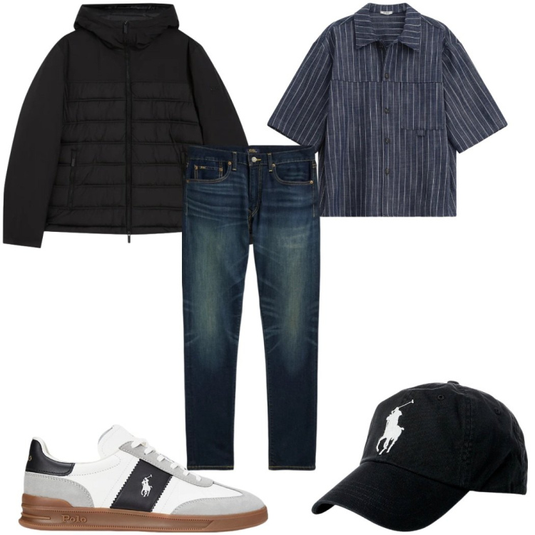 Outfit uomo - Total look #2343088. Stile Casual per Tutti i giorni. Abbinamento con camicie a manica corta, piumini, cappelli, jeans, sneakers.