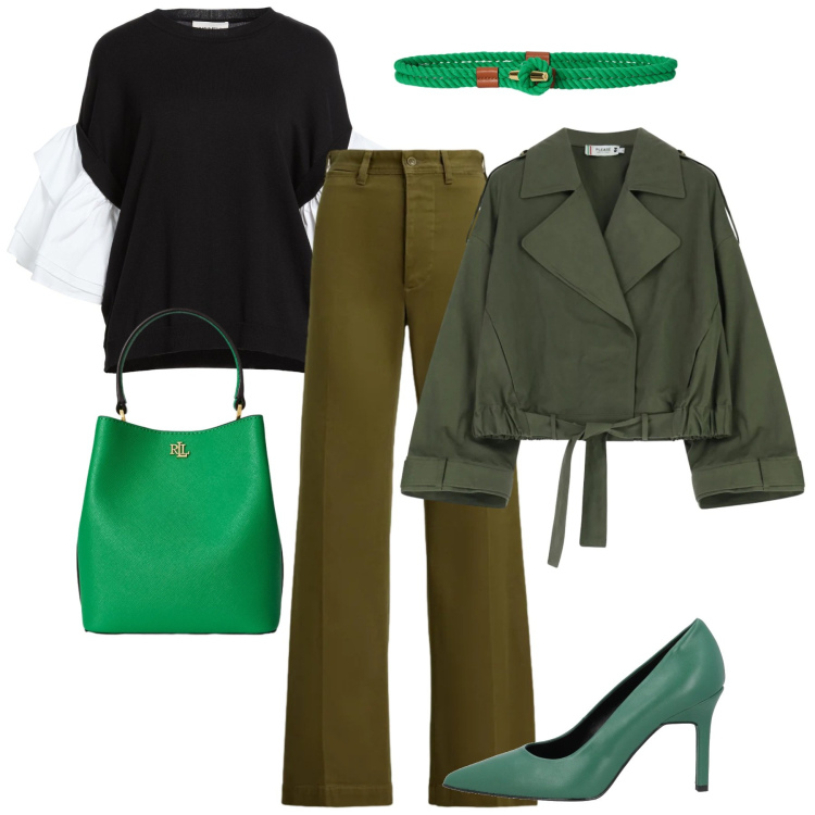 Outfit donna - Macchie di prato. Stile Bon Ton per Tutti i giorni. Abbinamento con décolleté, pullovers, parka, borse a secchiello, cinture, pantaloni.