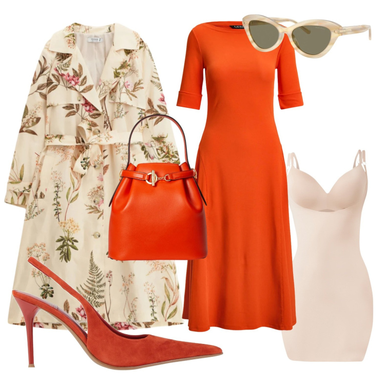 Outfit donna - Arancione con soprabito a fiori. Stile Bon Ton per Tutti i giorni. Abbinamento con décolleté, trench, sottovesti, vestiti, occhiali da sole, borse a secchiello.