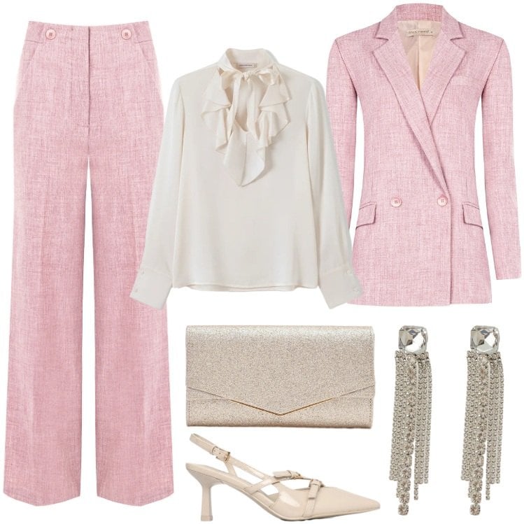 Outfit donna - Una Cerimonia a Primavera. Stile Chic per Cerimonia. Abbinamento con décolleté, clutch, pantaloni, blazer, bluse, orecchini.