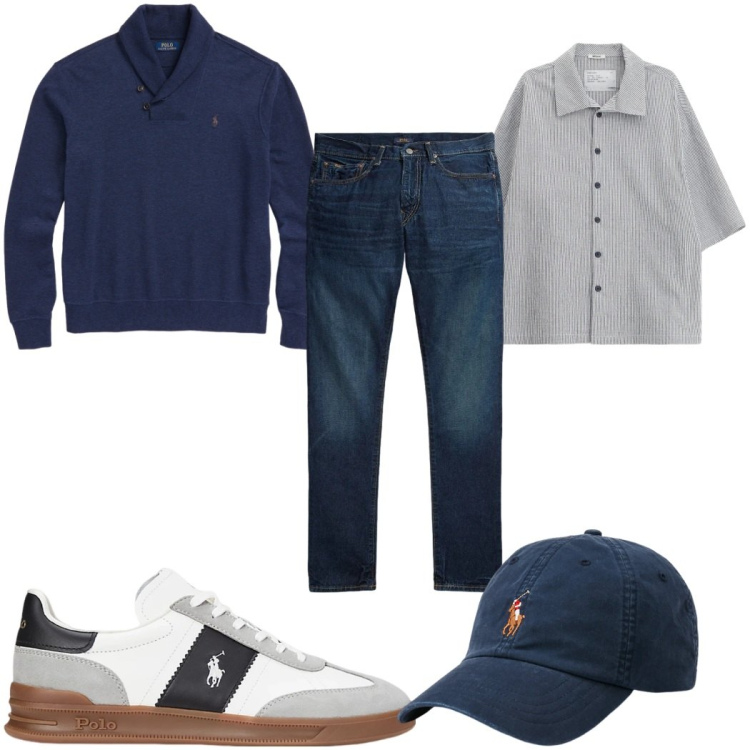 Outfit uomo - Total look #2343095. Stile Casual per Tutti i giorni. Abbinamento con camicie a manica corta, cappelli, sneakers, pullovers, jeans.