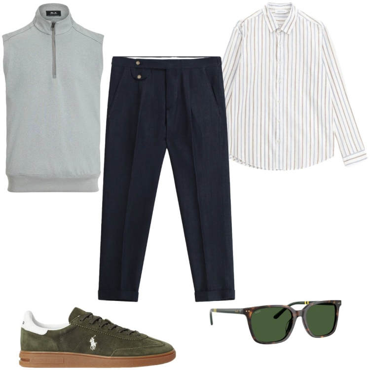 Outfit uomo - Total look #2343098. Stile Trendy per Tutti i giorni. Abbinamento con pantaloni, camicie, sneakers, occhiali da sole, gilet.