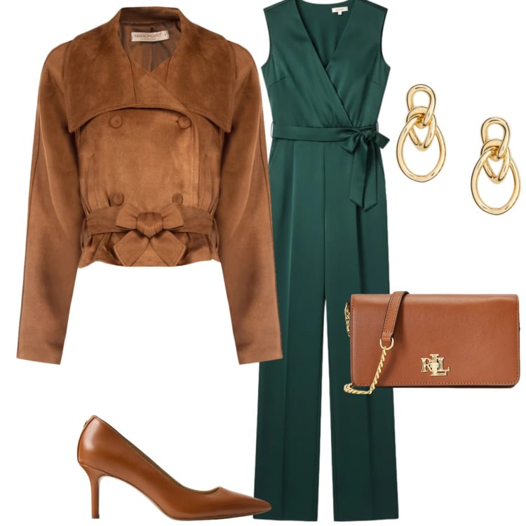 Outfit donna - Serata fuori. Stile Chic per Serata fuori. Abbinamento con giacche, tute, borse a mano, décolleté, orecchini.