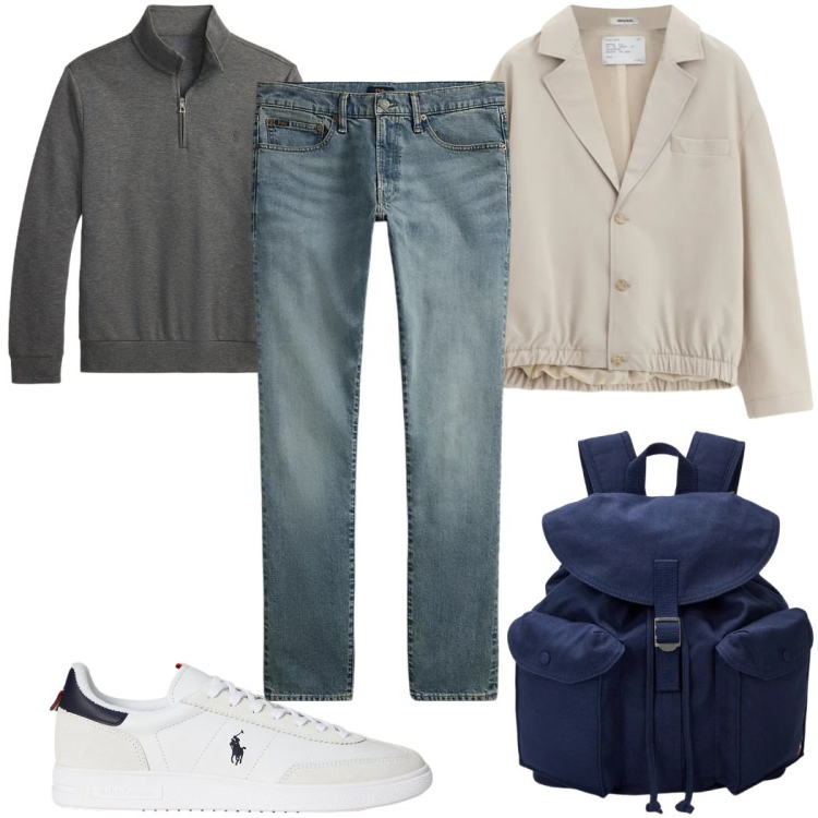 Outfit uomo - Total look #2343102. Stile Casual per Tutti i giorni. Abbinamento con giacche, borse sportive, jeans, pullovers, sneakers.