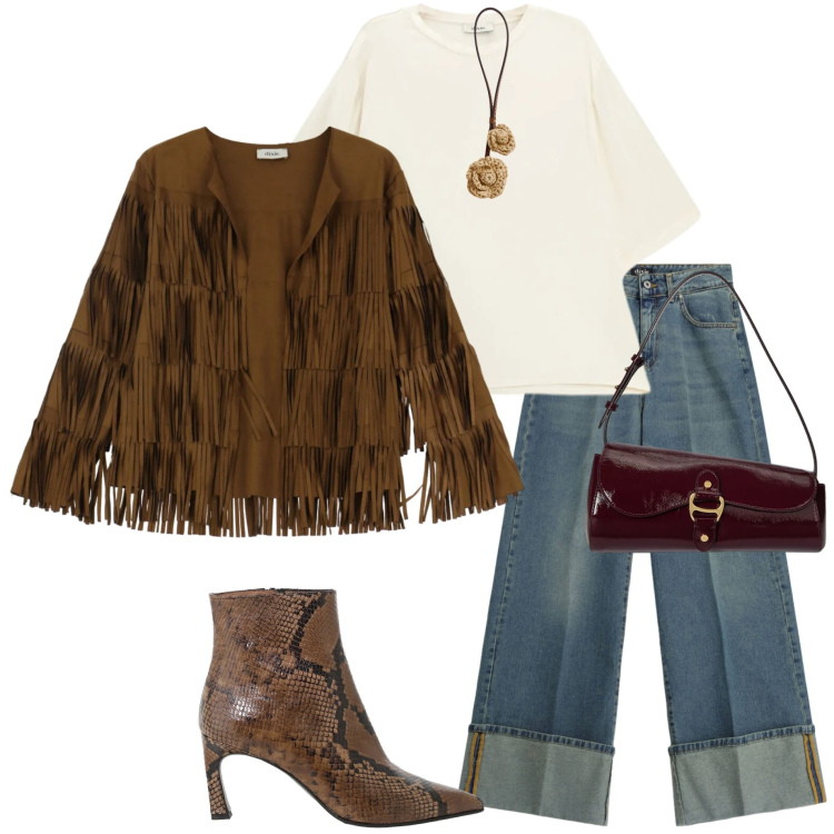 Outfit donna - Un po\' di frange. Stile Casual chic per Tutti i giorni. Abbinamento con jeans, stivaletti, t-shirt, giacche, borse a spalla, ciondoli.