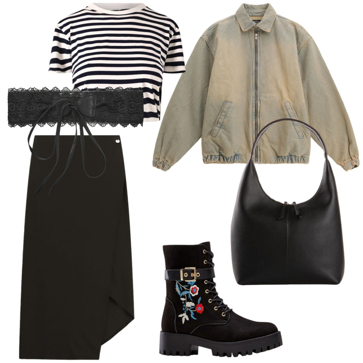 Outfit donna - Sabato. per Serata fuori. Abbinamento con stivali, shopping bag, cinture, gonne lunghe, bomber, t-shirt.