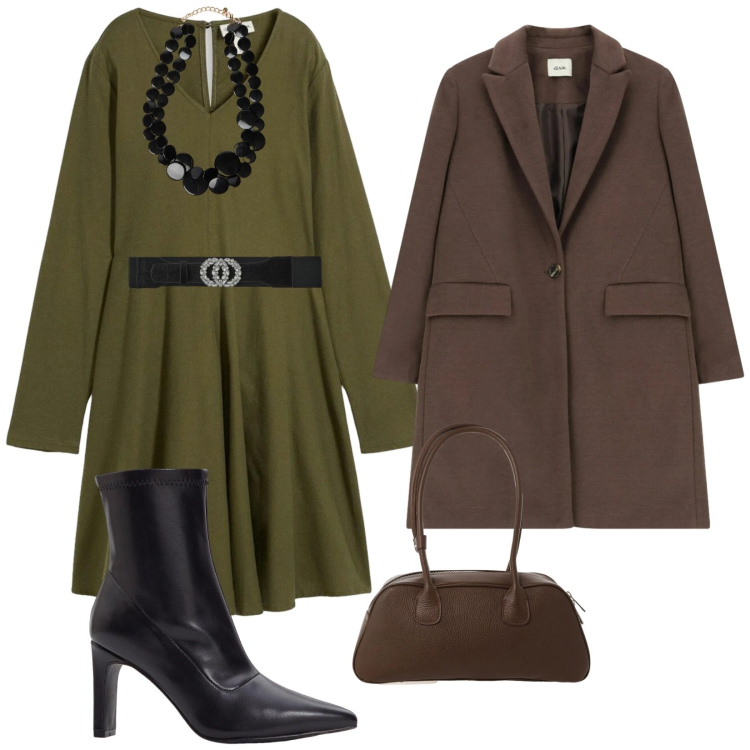 Outfit donna - Colori invernali. per Tutti i giorni. Abbinamento con vestiti, stivaletti, collane, cinture, borse a mano, cappotti.