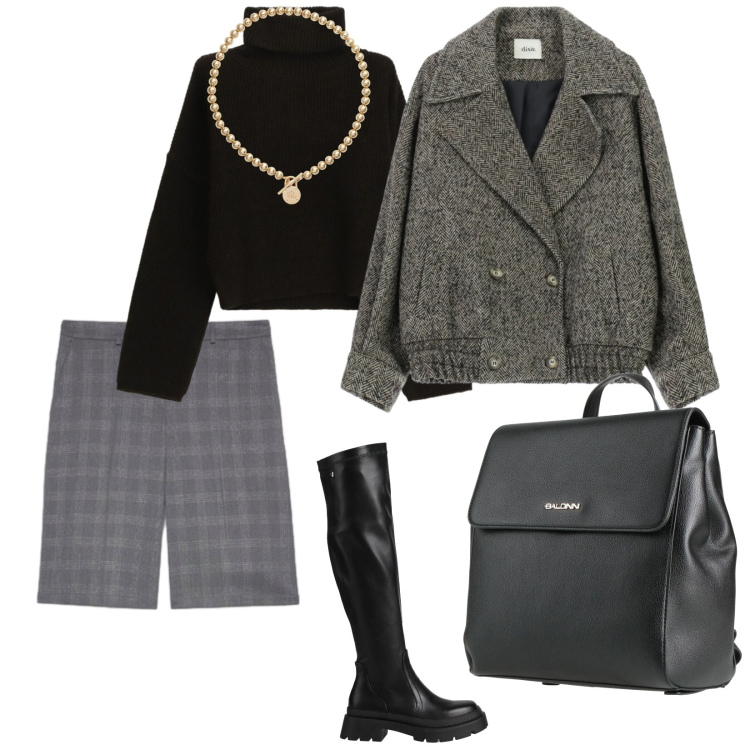 Outfit donna - La collana dorata. per Serata fuori. Abbinamento con stivali, zaini, maglieria, bermuda, cappotti, collane.