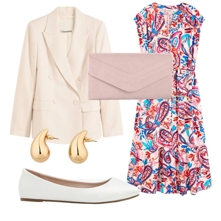 Outfit donna - Pranzo della domenica. Stile Romantica per Tutti i giorni. Abbinamento con vestiti chemisier, pochette, ballerine, blazer, orecchini.