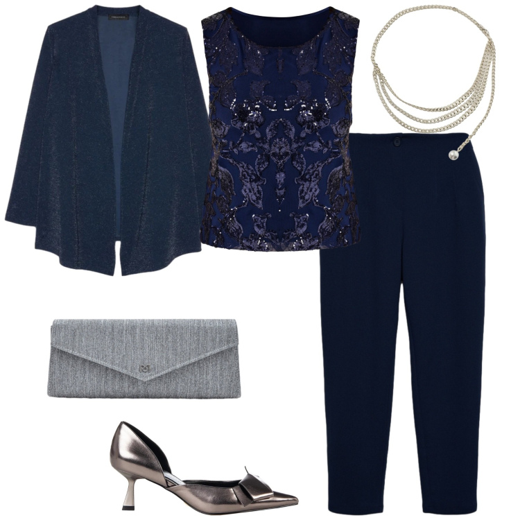 Outfit donna - Un tocco di luce d\'inverno - curvy. Stile Glamour per Serata fuori. Abbinamento con pantaloni chino, cardigans, collane, pochette, top, décolleté.