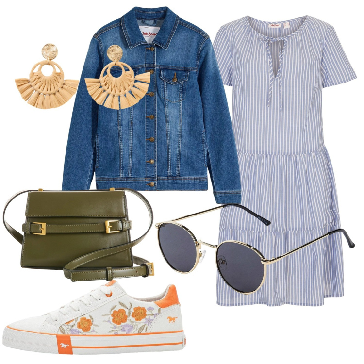 Outfit donna - Abito a righe e scarpe con fiori.. Stile Casual per Scuola/Università. Abbinamento con vestiti, sneakers, borse a tracolla, blazer, occhiali da sole, orecchini.
