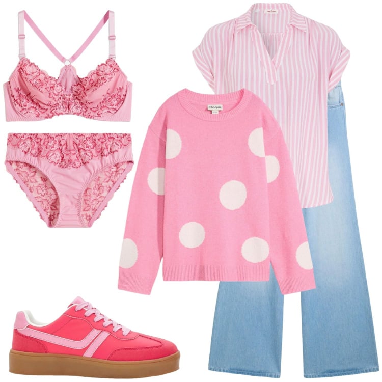 Outfit donna - Pois e righe. Stile Casual per Scuola/Università. Abbinamento con maglieria, bluse, sneakers, jeans, culotte, reggiseni.