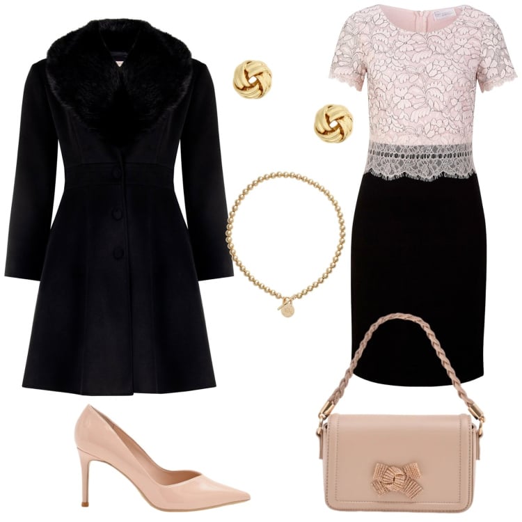 Outfit donna - Rosa cipria. Stile Bon Ton per Serata fuori. Abbinamento con vestiti midi/longuette, pochette, décolleté, cappotti, collane, orecchini.