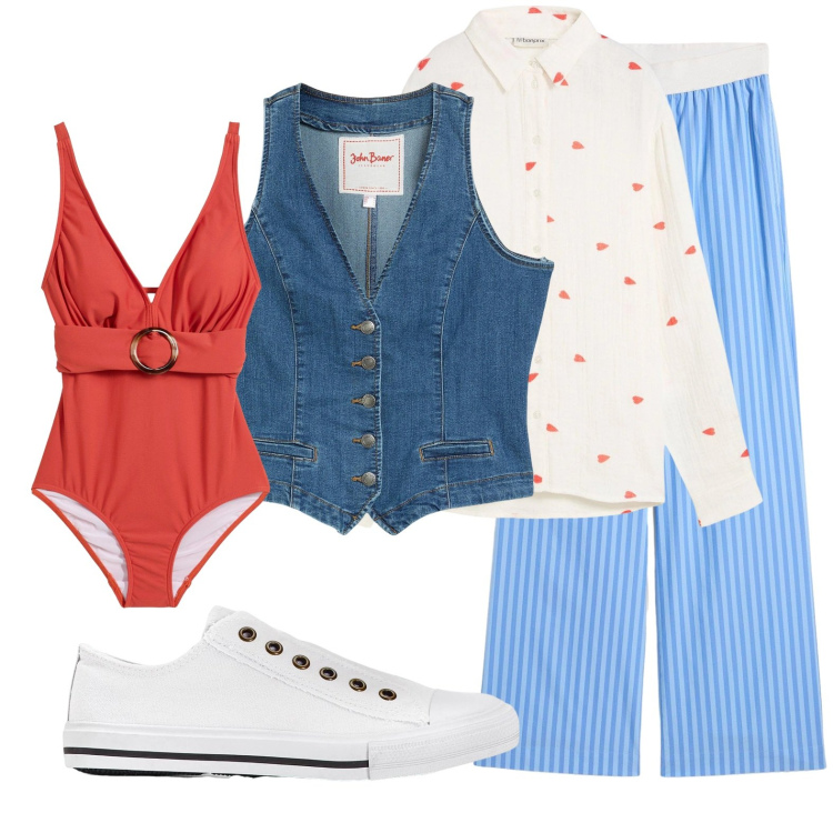 Outfit donna - Pantalone pigiama e gilet. Stile Casual chic per Mare. Abbinamento con costumi interi, camicie, pantaloni a palazzo, gilet, sneakers.