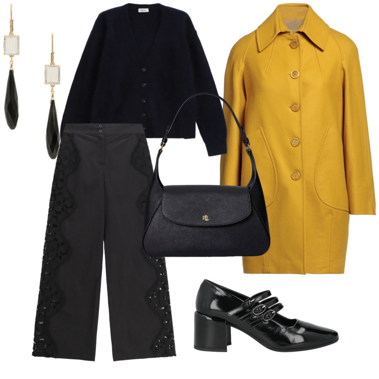 Outfit donna - Il cappotto giallo. per Serata fuori. Abbinamento con cappotti, décolleté, borse a spalla, orecchini, cardigans, pantaloni a palazzo.