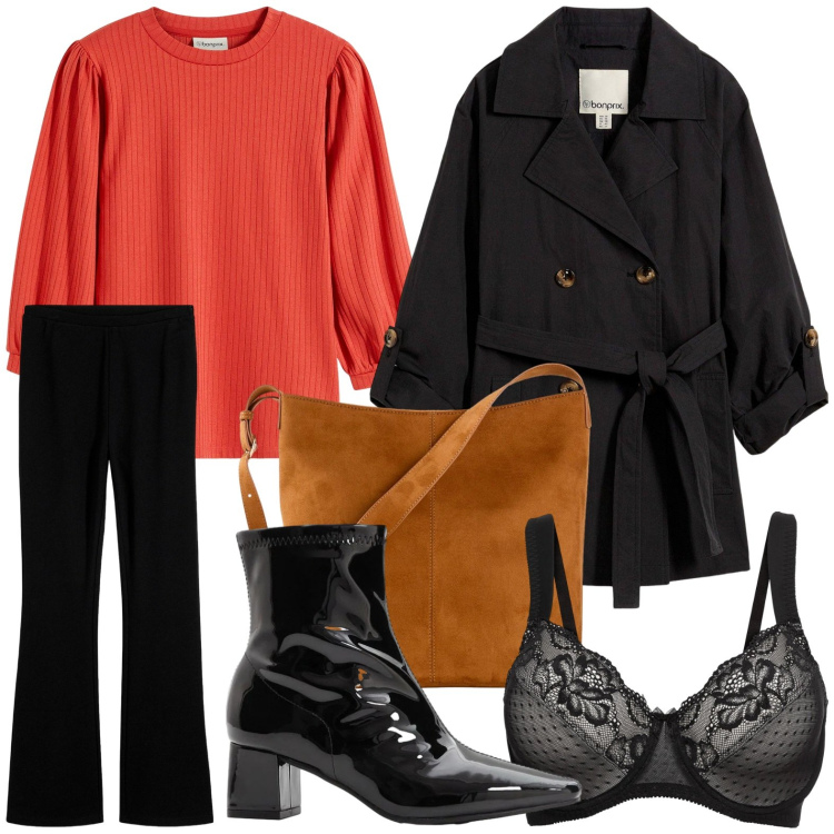 Outfit donna - bonprix - Aspettando la primavera. Stile Glamour per Tutti i giorni. Abbinamento con maglieria, pantaloni, reggiseni, trench, stivaletti, borse a mano.