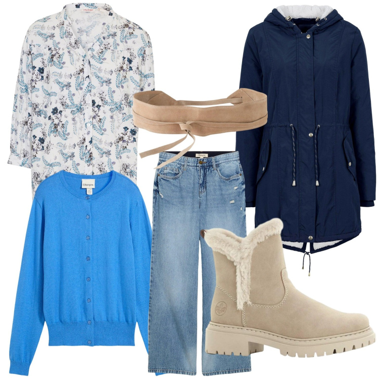 Outfit donna - bonprix - Aspettando la primavera. Stile Basic per Tutti i giorni. Abbinamento con parka, camicie, cardigans, jeans, cinture, stivaletti.