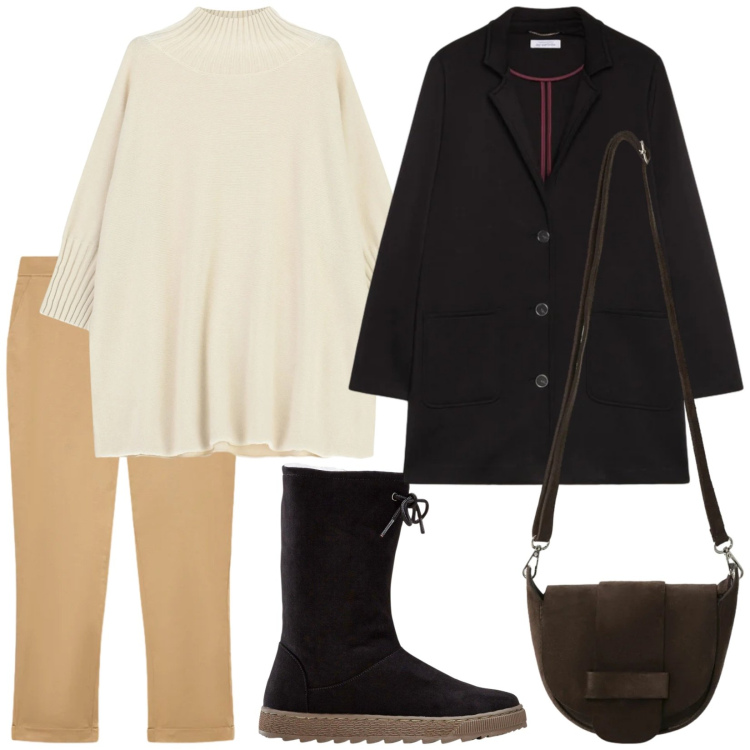 Outfit donna - Total look #2343139. Stile Basic per Tutti i giorni. Abbinamento con stivali, pantaloni chino, cappotti, maglieria, borse a tracolla.