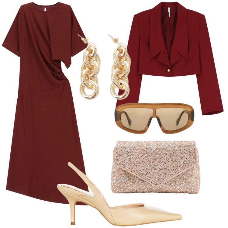 Outfit donna - Cut-Out Confidence. Stile Chic per Serata fuori. Abbinamento con pochette, décolleté, vestiti lunghi, blazer, occhiali da sole, orecchini.