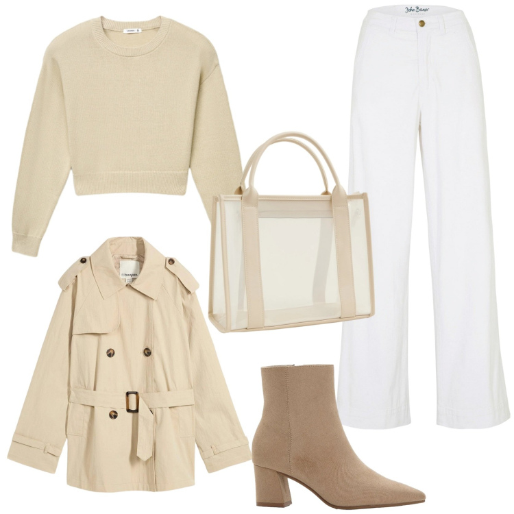 Outfit donna - Bianco e beige combo raffinata. Stile Minimal per Tutti i giorni. Abbinamento con jeans, stivaletti, trench, borse tote, maglieria.