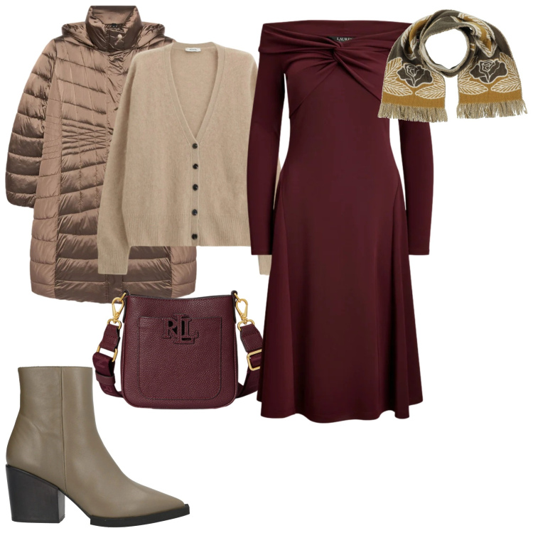 Outfit donna - Total look #2343150. Stile Casual per Tutti i giorni. Abbinamento con stivaletti, sciarpe, piumini, cardigans, vestiti, borse a tracolla.