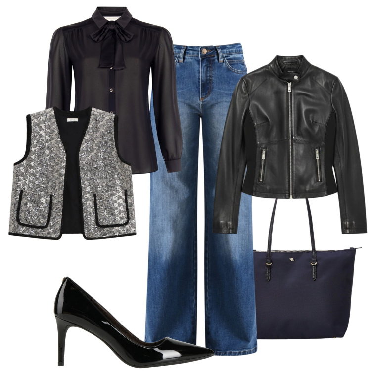 Outfit donna - Punti luce serata tra amici. Stile Casual chic per Serata fuori. Abbinamento con décolleté, giacche, jeans, camicie, borse tote, gilet.