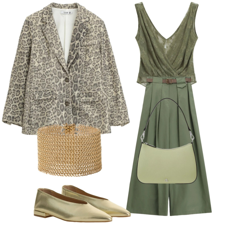 Outfit donna - Non male. Stile Glamour per Serata fuori. Abbinamento con top, ballerine, pantaloni a palazzo, blazer, borse a spalla, braccialetti.