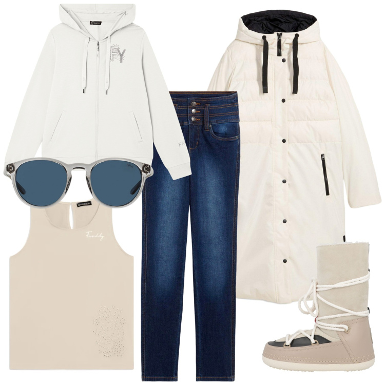 Outfit donna - Una fuga in montagna. Stile Basic Abbinamento con stivali da neve, jeans, piumini, felpe con cappuccio, top, occhiali da sole.
