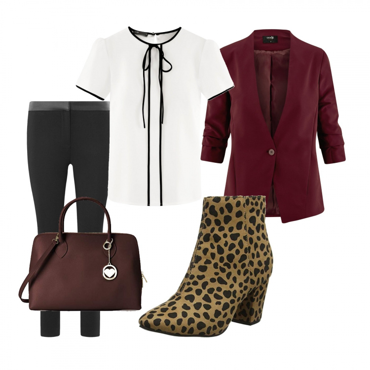 Outfit donna - Amazon outfit. Stile Trendy per Ufficio. Abbinamento con top contrasto con laccetti aderente bianco, blazer aderente rosso, pantalone in ecopelle aderente nero, stivaletti con pattern marrone, borsa a mano rosso.