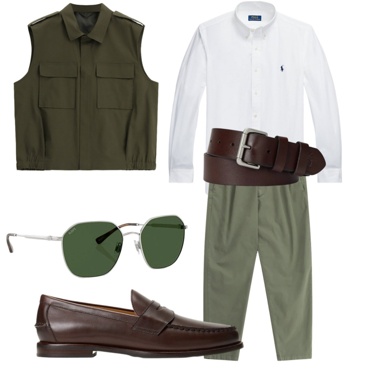 Outfit uomo - Unico. Stile Business/Elegante per Tutti i giorni. Abbinamento con pantaloni, gilet, cinture, camicie, occhiali da sole, scarpe stringate.