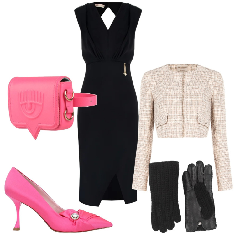 Outfit donna - Cut-Out Confidence. Stile Chic per Serata fuori. Abbinamento con décolleté, guanti, marsupi, blazer, vestiti asimmetrici.