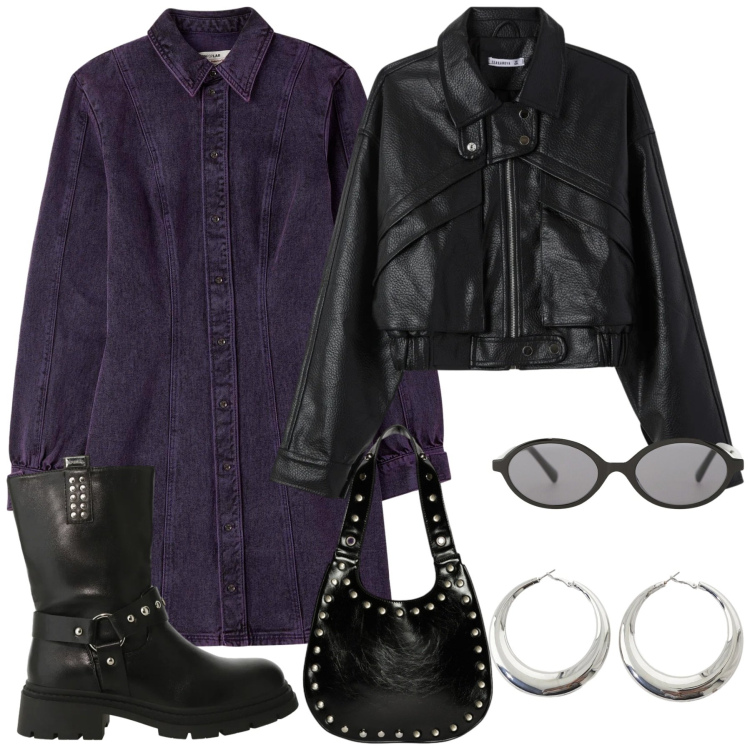 Outfit donna - Serata al cinema. Stile Casual chic per Serata fuori. Abbinamento con borse a spalla, vestiti chemisier, giacche, stivali, occhiali da sole, orecchini.