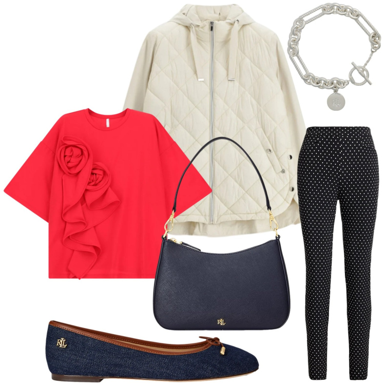 Outfit donna - T-shirt stilosa. Stile Minimal per Tutti i giorni. Abbinamento con t-shirt, giacche, braccialetti, borse a spalla, ballerine, pantaloni.