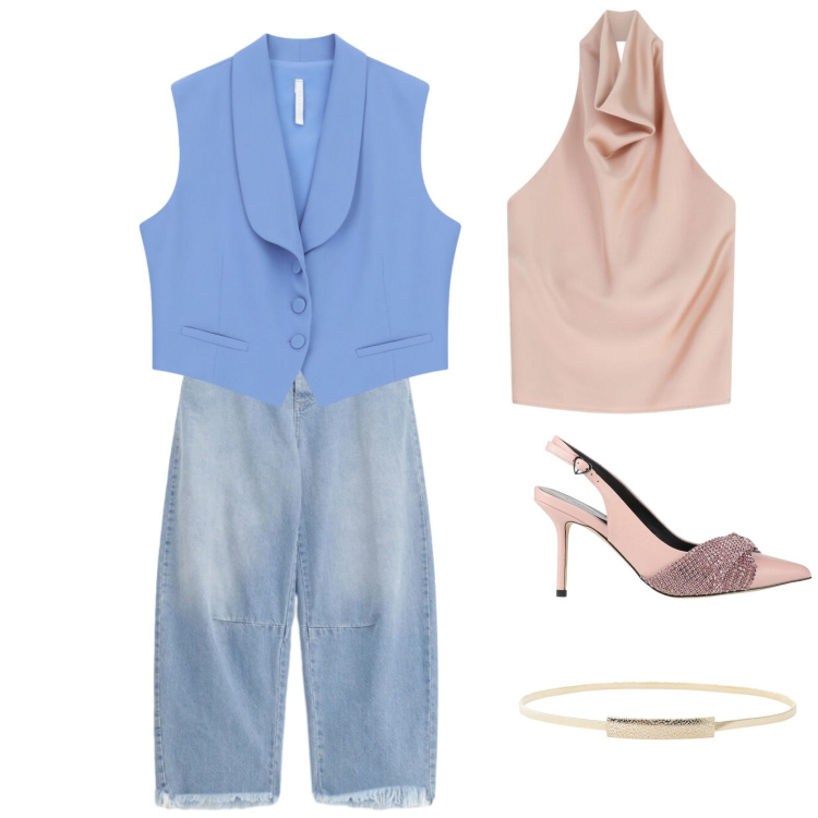Outfit donna - Sexy Pink end Blue. per Cerimonia. Abbinamento con décolleté, top, gilet, cinture, jeans.
