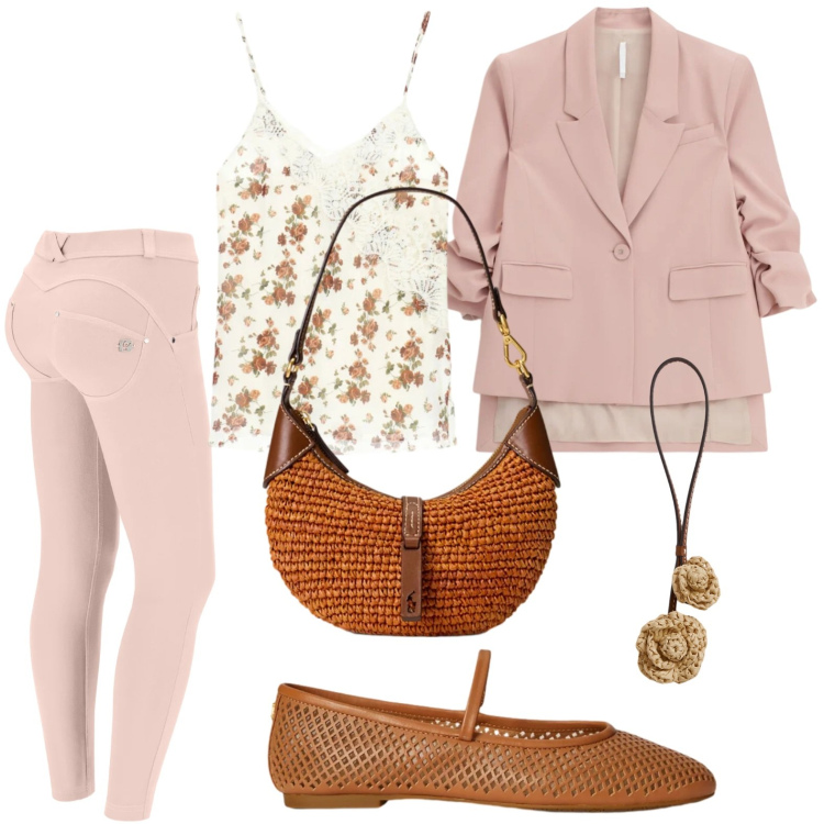 Outfit donna - Colori primaverili. Stile Minimal per Tutti i giorni. Abbinamento con blazer, top, pantaloni skinny, ciondoli, borse a spalla, ballerine.