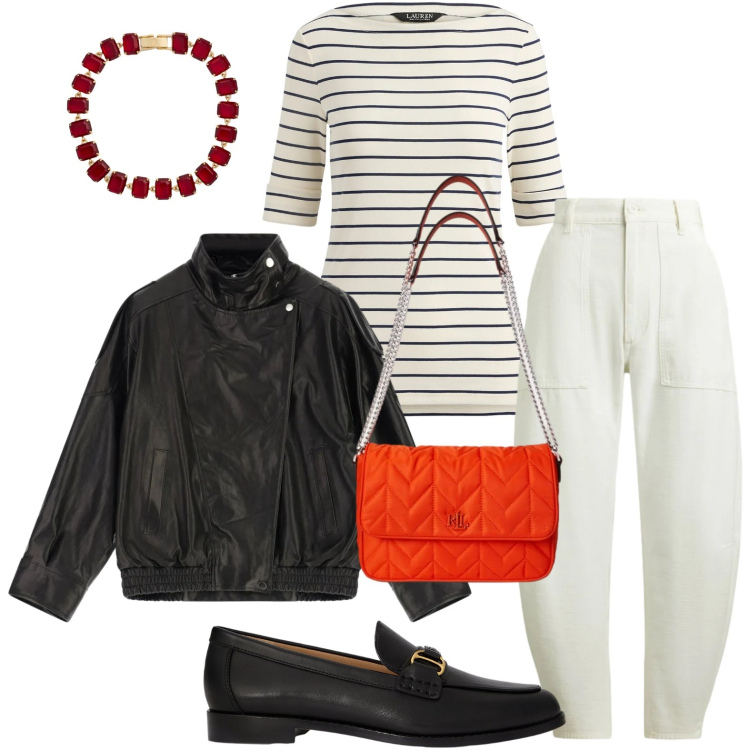Outfit donna - Righe metropolitane. Stile Bon Ton per Tutti i giorni. Abbinamento con giacche, t-shirt, mocassini, braccialetti, borse a tracolla, pantaloni.
