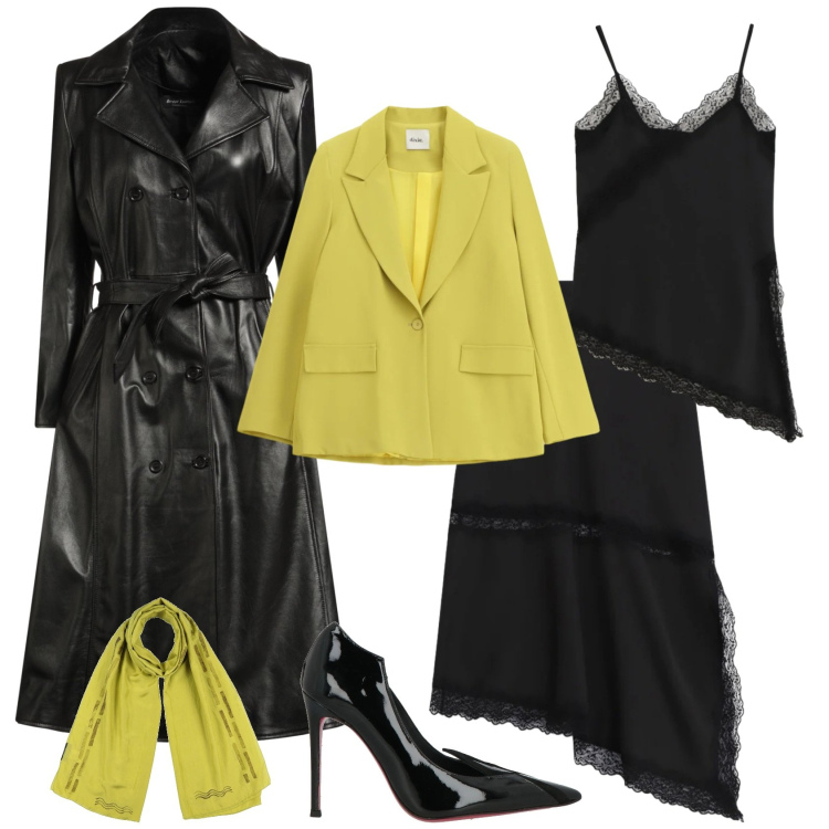 Outfit donna - Minimal chic con un tocco rock. Stile Minimal per Serata fuori. Abbinamento con décolleté, sciarpe, cappotti, gonne longuette, canottiere, blazer.